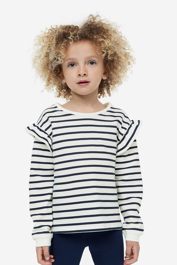 H&M Flounce-trimmed Sweatshirt White/striped