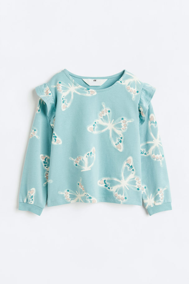 H&M Sweater Met Volants Lichtturkoois/vlinders