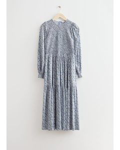 Voluminous Tiered Midi Dress Blue Print
