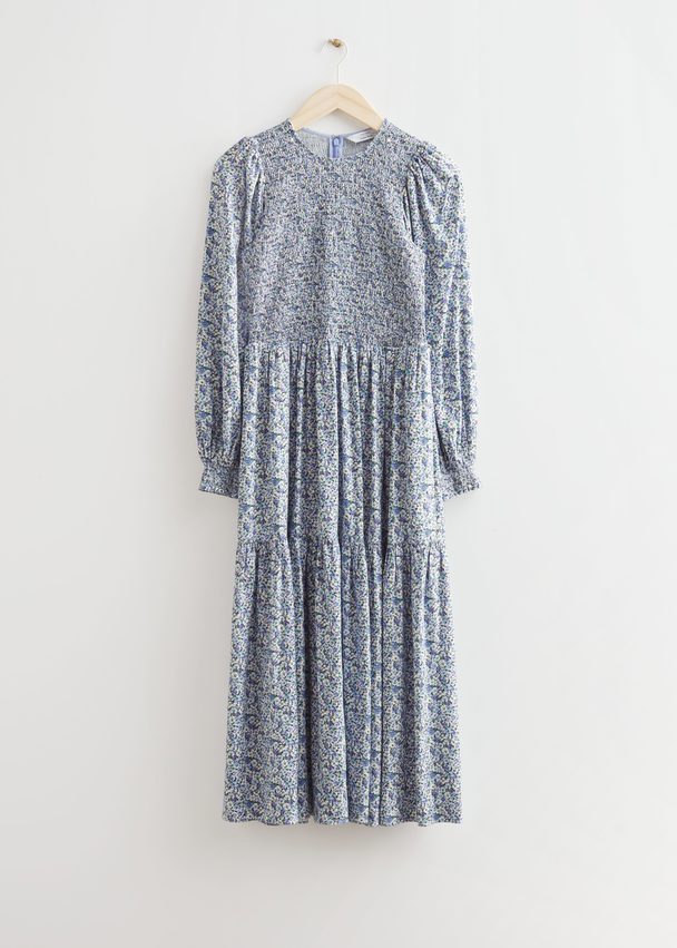 & Other Stories Voluminous Tiered Midi Dress Blue Print