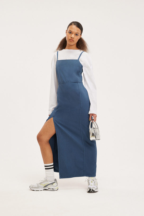 Monki Denim Maxi-jurk Met Vierkante Hals Middelblauw