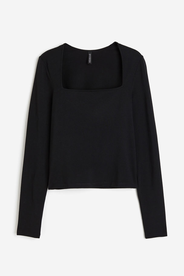 H&M Jerseyshirt mit eckigem Ausschnitt Schwarz