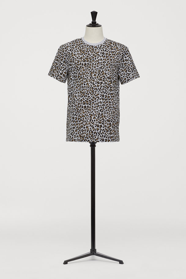 H&M T-shirt With Studs Grey Marl/leopard Print