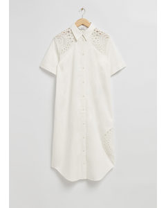 Relaxed Crocheted Detail Shirt Dress Ivory
