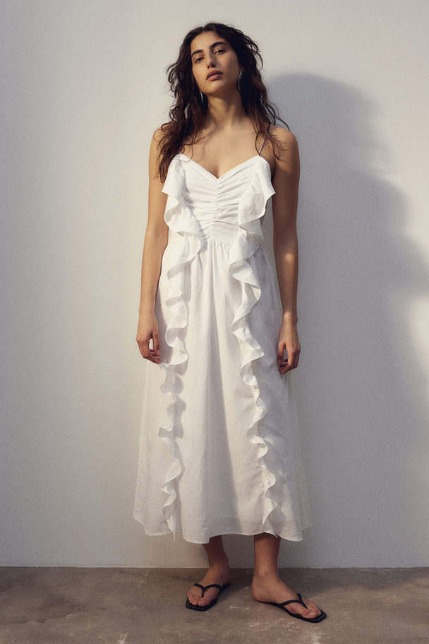 H&M Linen-blend Frill-trimmed Dress White