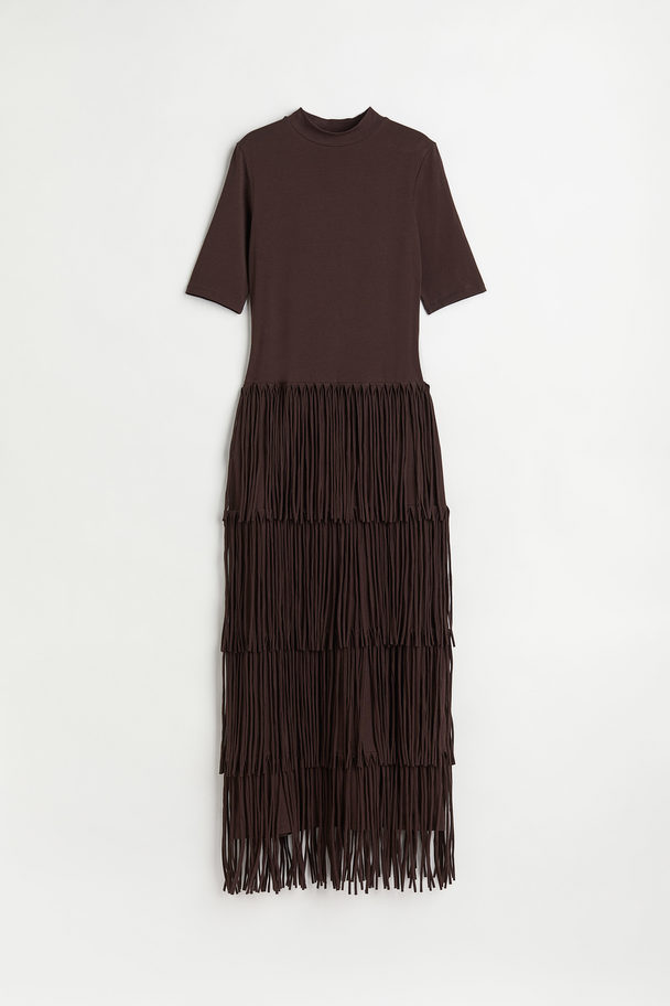 H&M Fringe-trimmed Jersey Dress Dark Brown