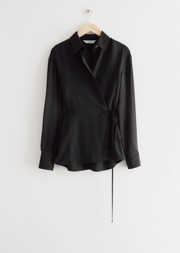 & Other Stories Fitted Asymmetric Wrap Blouse Black