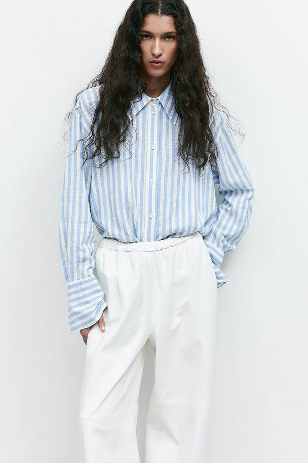 H&M Oversized Bluse aus Leinenmix Weiß/Blau gestreift