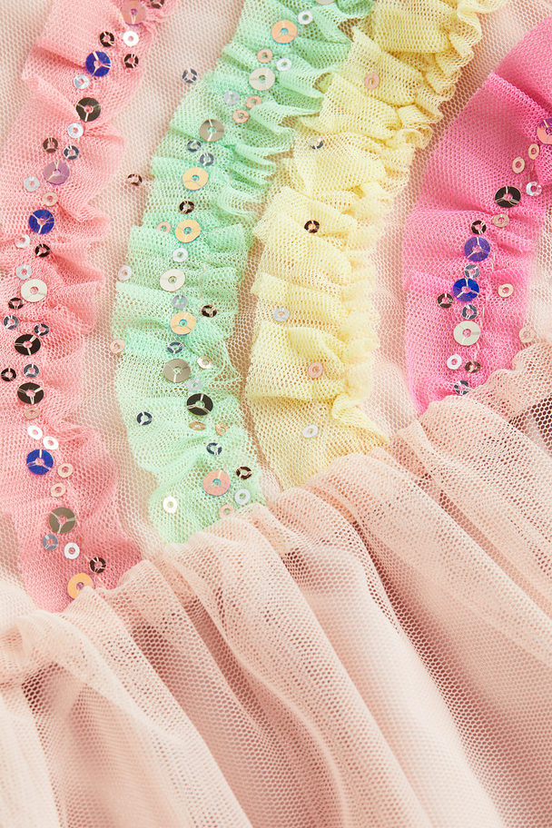 H&M Appliquéd Tulle Dress Powder Pink/rainbow