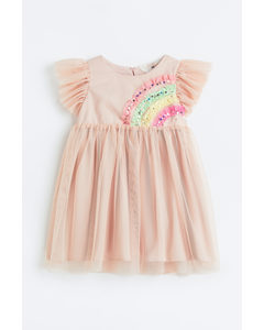 Appliquéd Tulle Dress Powder Pink/rainbow