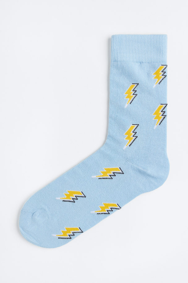 H&M Patterned Socks Light Blue/lightning Bolts