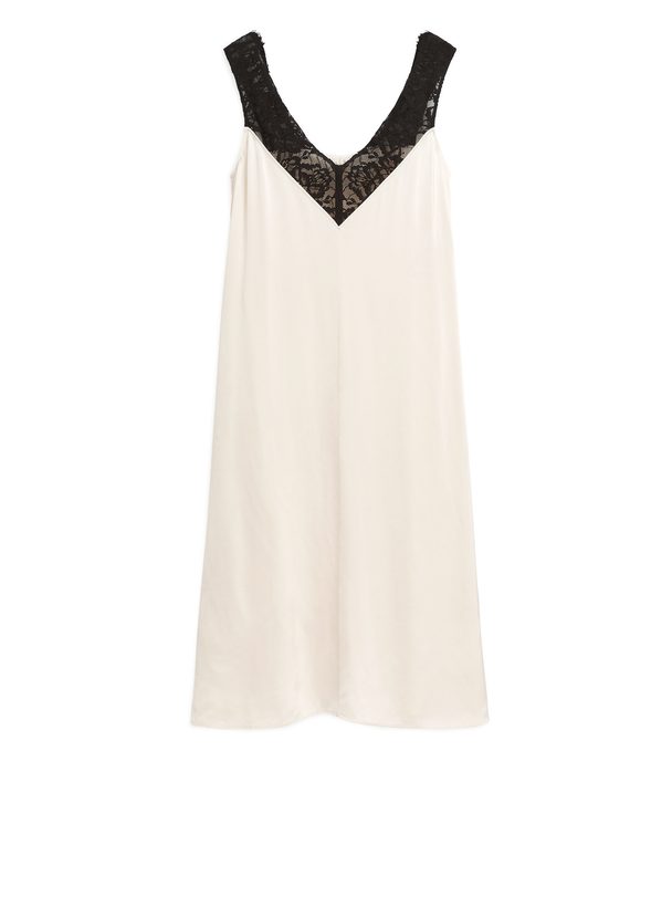 Arket Lace-detail Satin Dress Off White/black