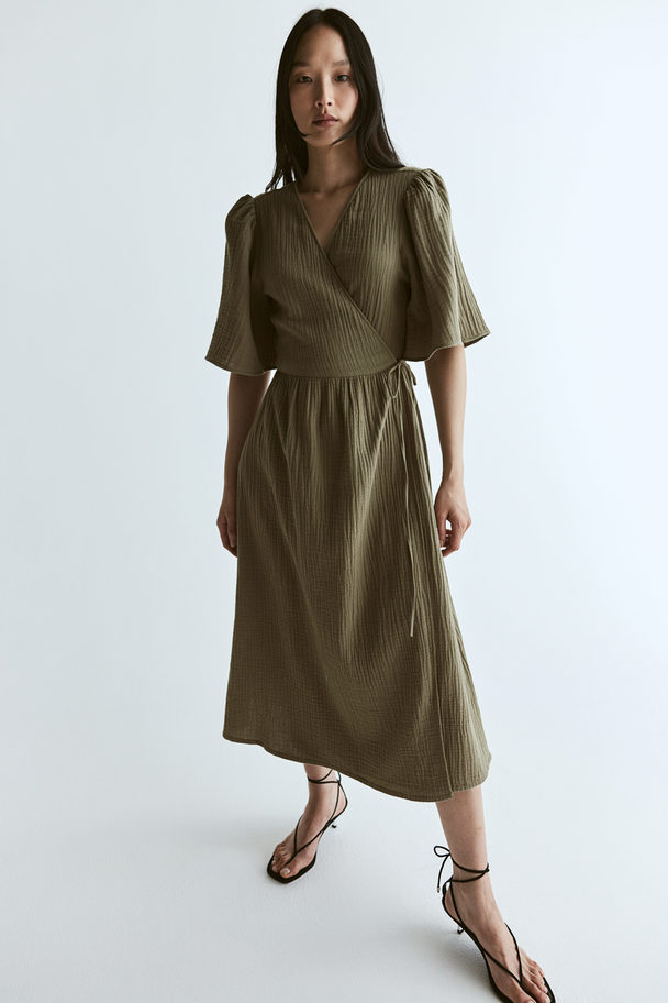 H&M Muslin Wrap Dress Khaki Green