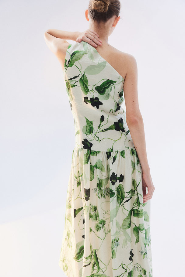 H&M One-shoulderjurk Roomwit/groene Bloemen