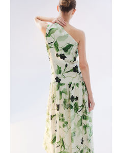 One-shoulderjurk Roomwit/groene Bloemen