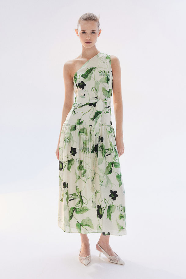 H&M One-shoulderjurk Roomwit/groene Bloemen