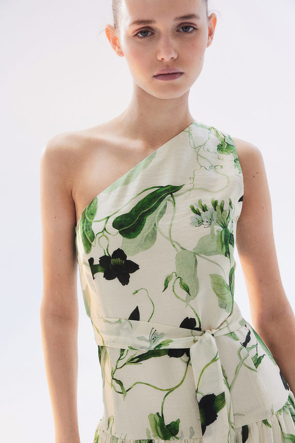 H&M One Shoulder-klänning Crèmevit/grönblommig
