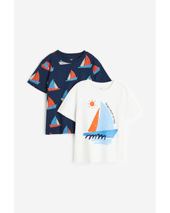 2-pack Printed T-shirts Dark Blue/sailboat