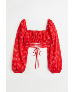 Crêpe Tie-detail Blouse Red/butterflies