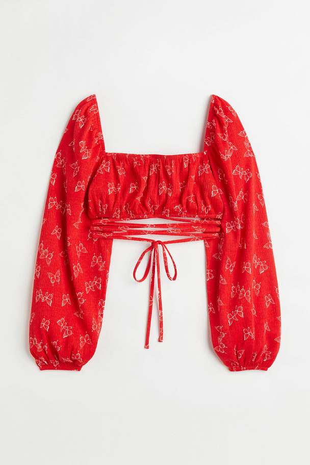 H&M Crêpe Tie-detail Blouse Red/butterflies