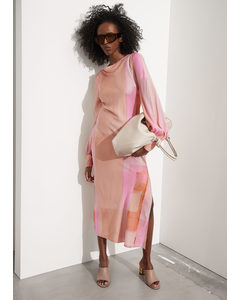 Voluminous-sleeve Midi Dress Pink/beige