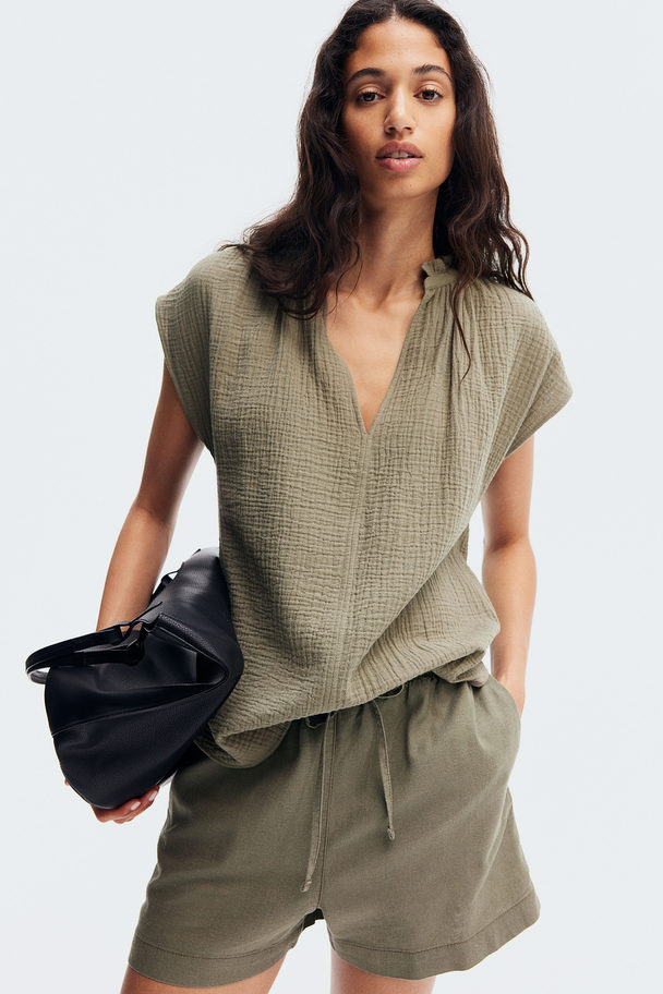 H&M Frill-trimmed Cotton Blouse Khaki Green