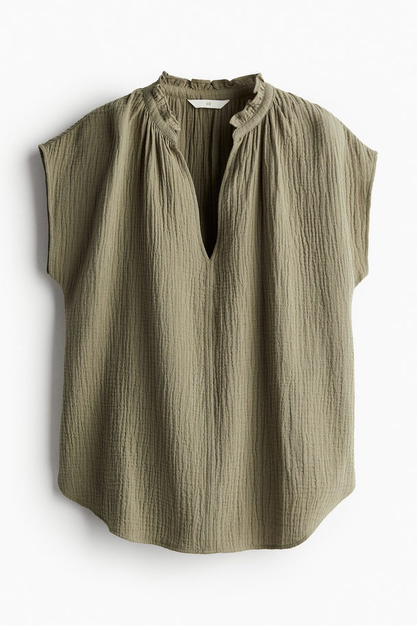 H&M Katoenen Blouse Met Volant Kakigroen