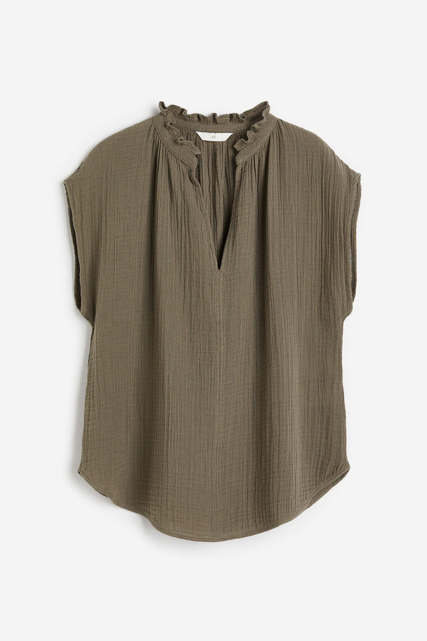 H&M Frill-trimmed Cotton Blouse Dark Khaki Green