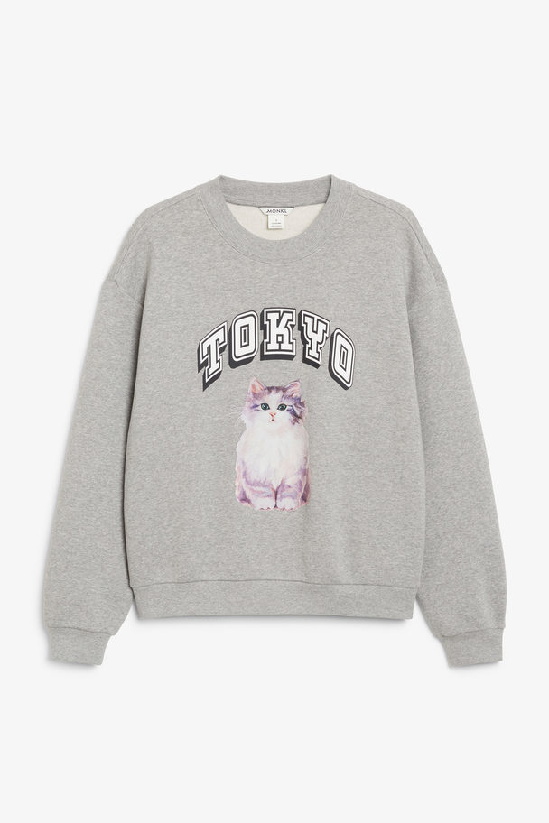 Monki Grey Printed Crewneck Sweater Grey Dusty Light Tokyo