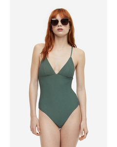 Padded-cup Swimsuit Khaki Green