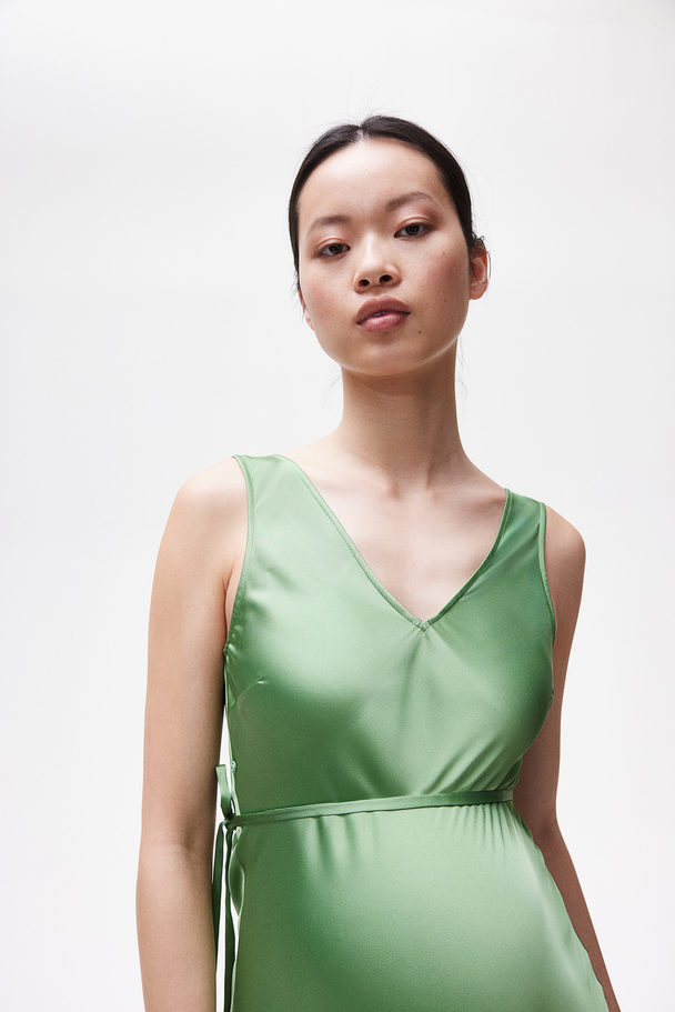 H&M Mama Tie-belt Satin Dress Green