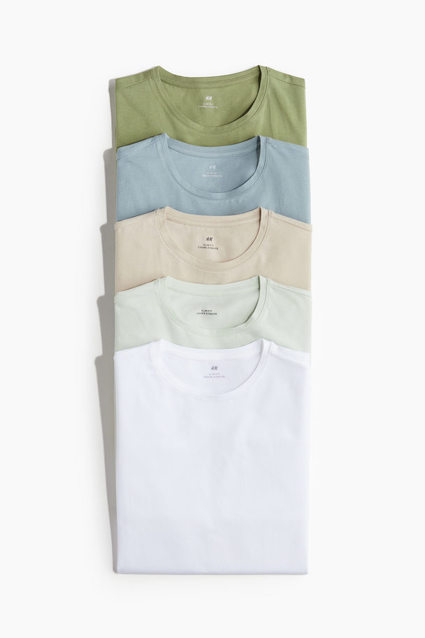 H&M 5er-Pack T-Shirts in Slim Fit Weiß/Grün/Blau