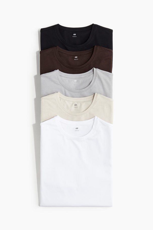 H&M 5er-Pack T-Shirts in Slim Fit Dunkelbraun