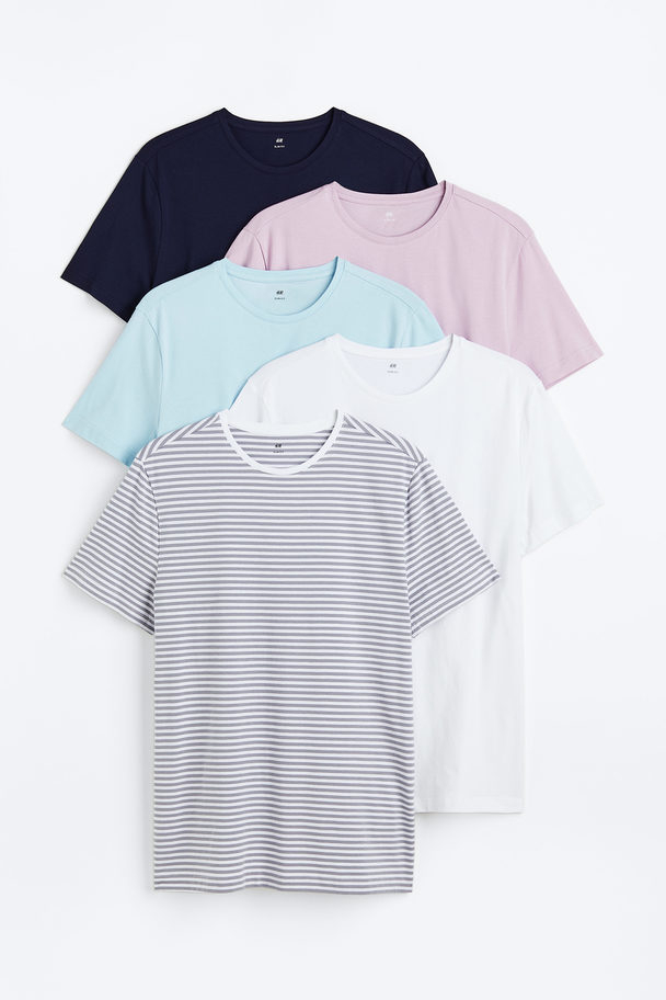 H&M 5-pack T-shirt Slim Fit Mörkblå/ljuslila