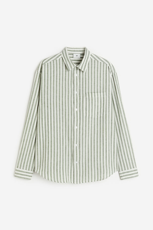 H&M Hemd aus Leinenmix Relaxed Fit Grün/Weiß gestreift