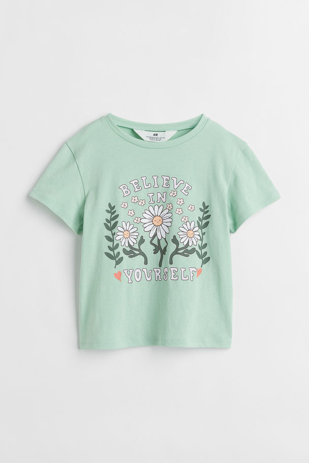 H&M T-shirt Med Tryck Ljusgrön/blommor