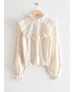Ruffled Floral Embroidery Sweater Cream
