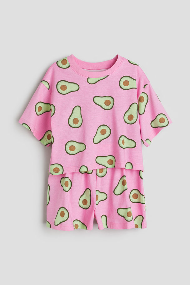 H&M Pyjamas I Bomullstrikot Rosa/avokadoer