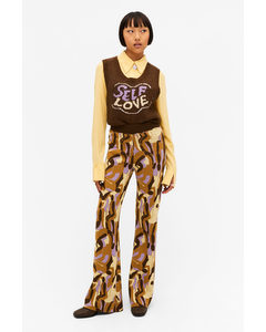 Patterned Knit Flare Trousers Brown, Abstract Pattern