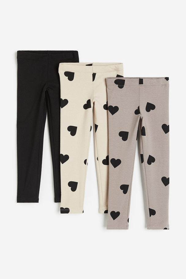 H&M 3-pack Heavy Jersey Leggings Light Beige/hearts