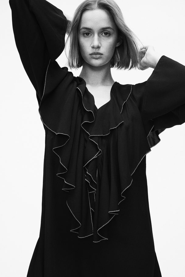 H&M Flounce-trimmed Viscose Dress Black