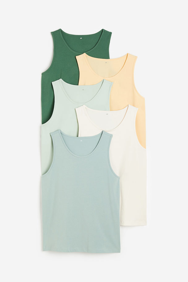 H&M 5er-Pack Tanktops Regular Fit Dunkelgrün/Hellblau/Gelb