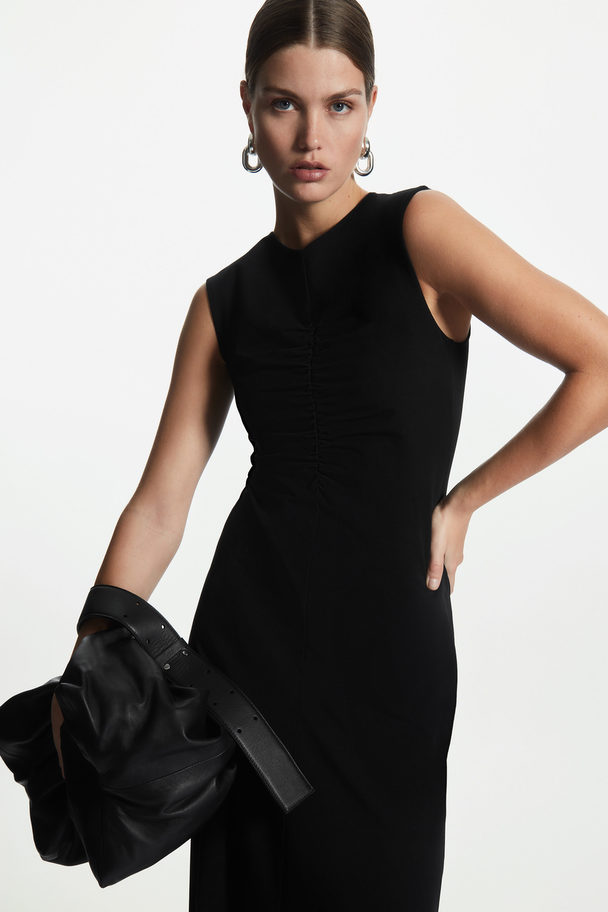 COS Slim-fit Gathered Midi Dress Black