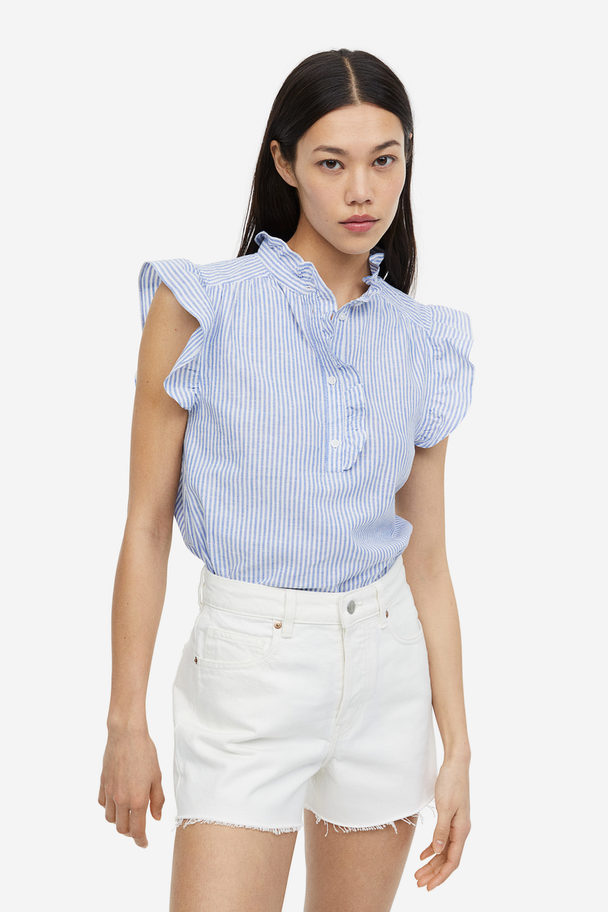 H&M Bluse aus einer Leinenmischung mit Volants Blau/Gestreift