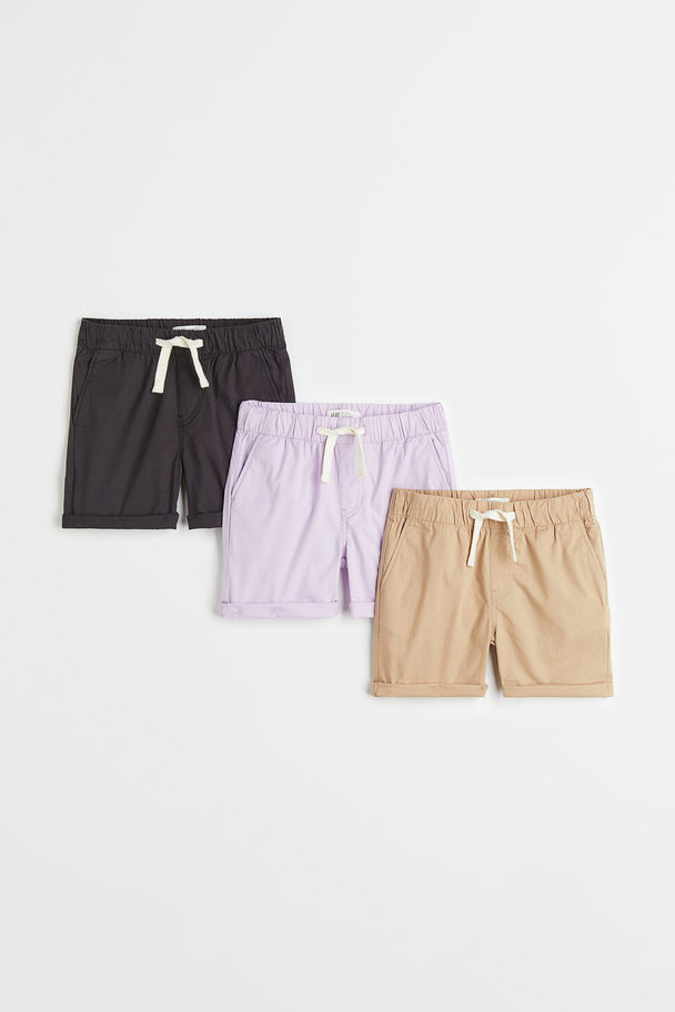 H&M 3-pack Cotton Shorts Dark Grey/light Purple/beige