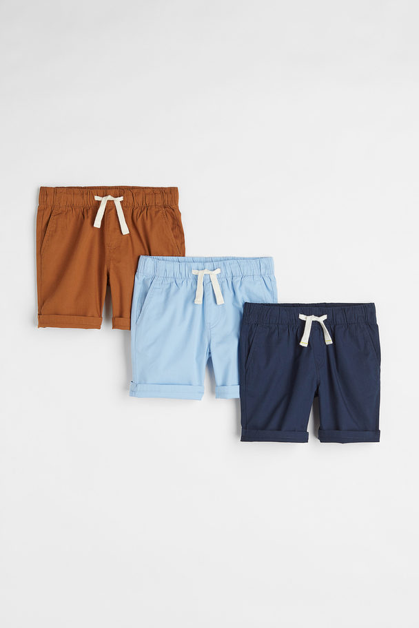 H&M 3-pack Cotton Shorts Navy Blue/light Blue/brown