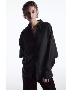 Oversized Batwing-sleeve Silk Shirt Black