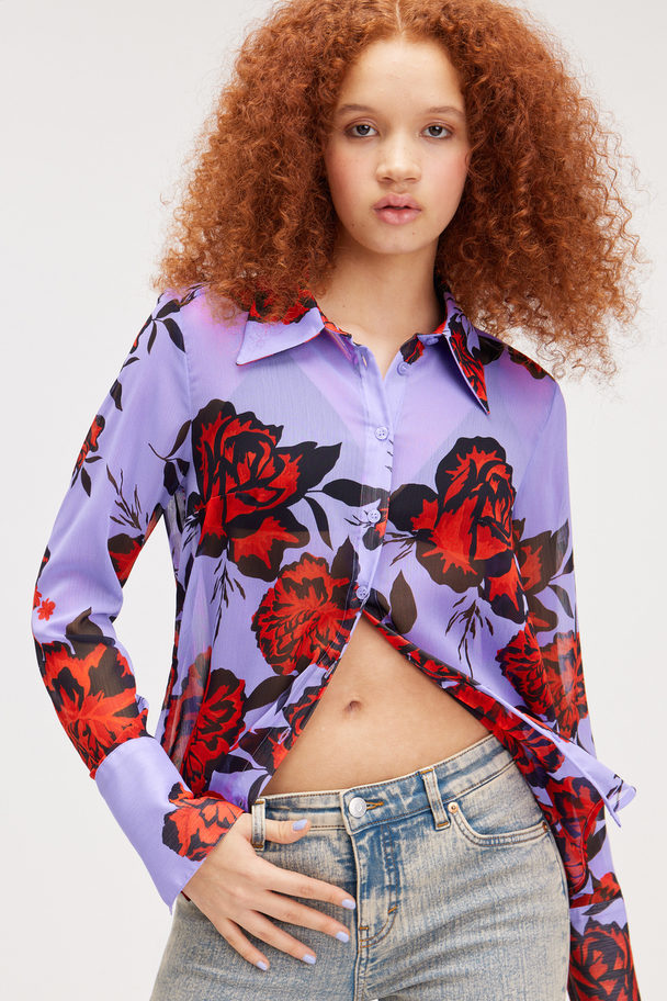 Monki Leightweight Fitted Shirt Purple With Roses