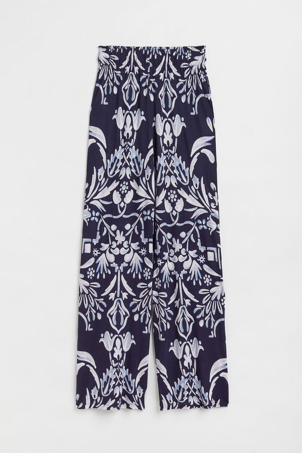 H&M Wide Jersey Trousers Dark Blue/paisley-patterned