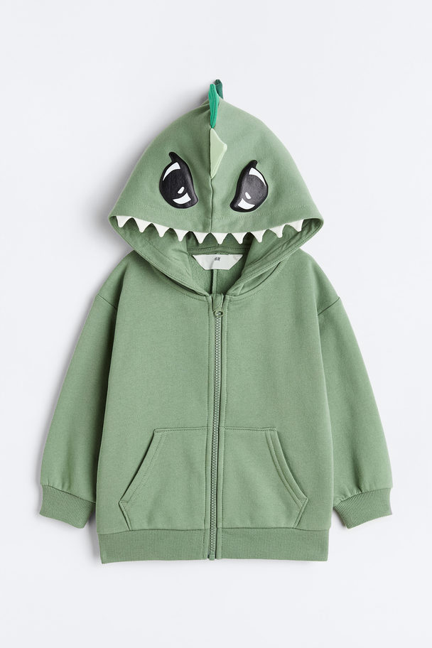 H&M Appliquéd Zip-through Hoodie Light Khaki Green/dinosaur